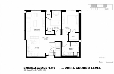 Floor plan for 2 beds, 1 bath, 810 sqft